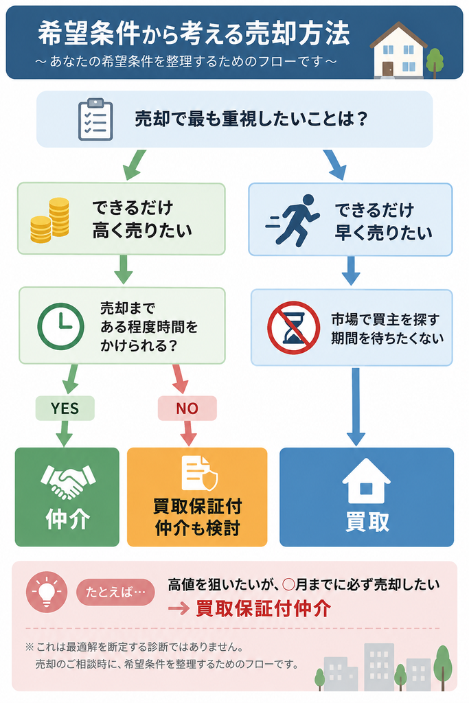 「希望条件から考える売却方法」を示す縦型フロー図。「高く売りたい」場合は時間の余裕に応じて仲介や買取保証付仲介、「早く売りたい」場合は買取を検討する流れを示している。最下部に「高値を狙いつつ期限内に売却したい場合は買取保証付仲介」という補足がある。