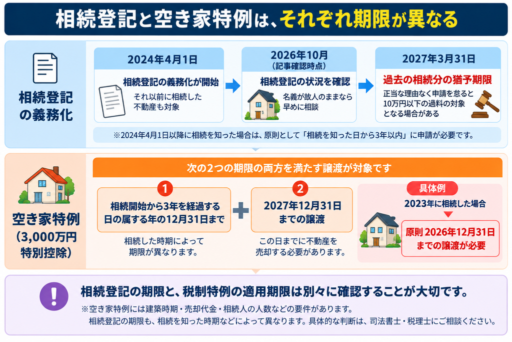 相続登記の2027年3月31日の猶予期限と空き家3000万円特別控除の譲渡期限を分けて示したタイムライン図