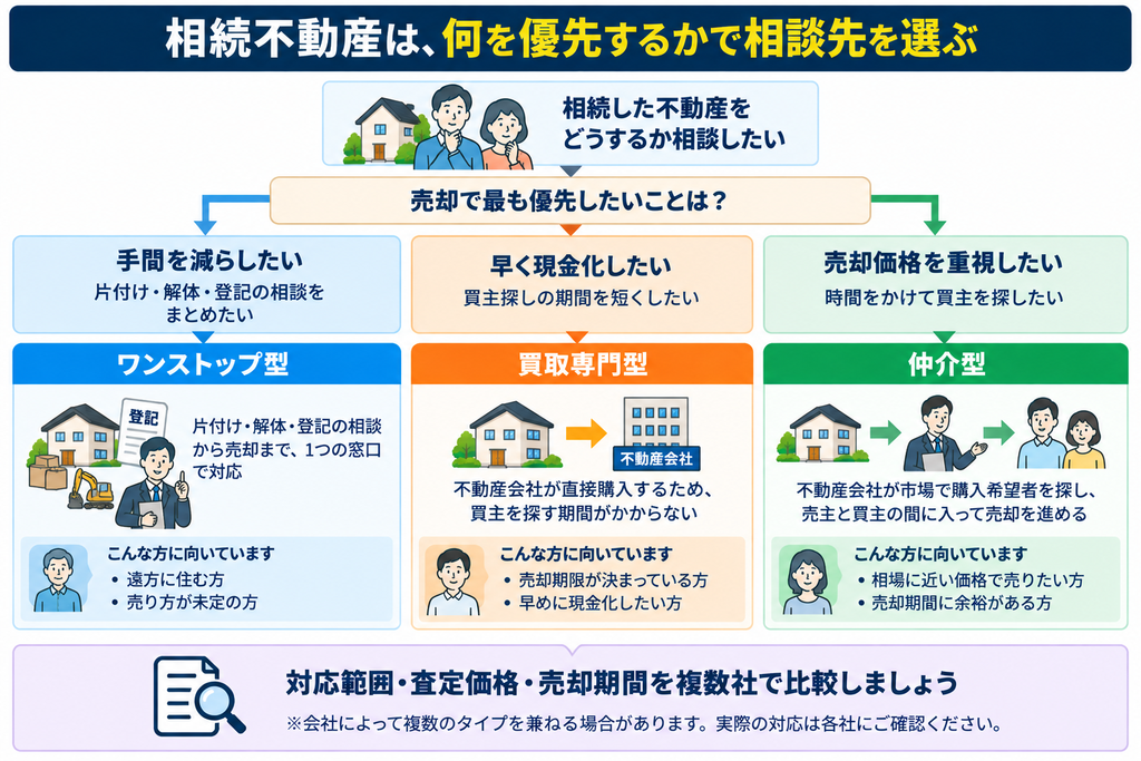 相続不動産の売却で手間を減らしたい人はワンストップ型、早期現金化なら買取専門型、価格重視なら仲介型を選ぶフロー図